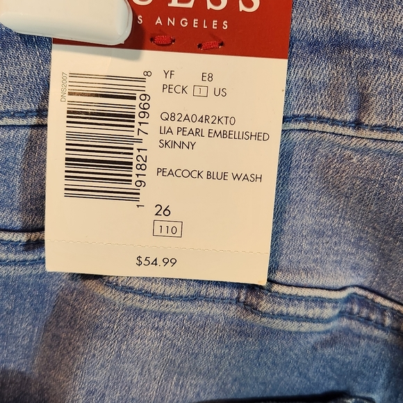 Guess Lia Pearl Embellished Skinny Jean Peacock Blue Wash Women's 26 NWT $55 - Picture 6 of 11
